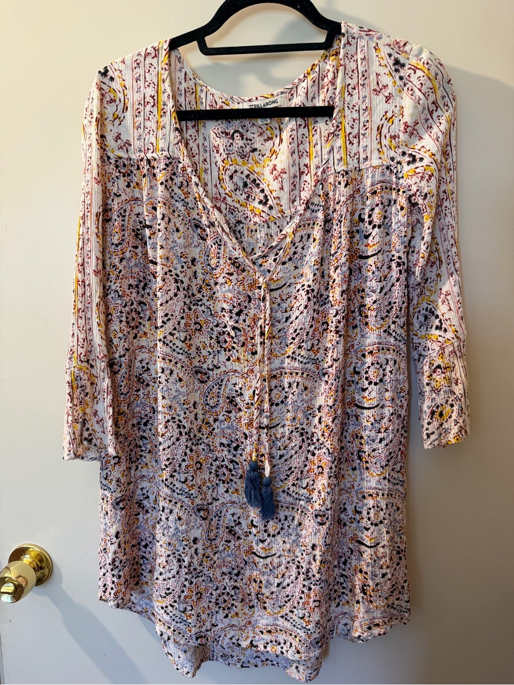 Billabong White Paisley Tassel Tunic with Yellow & Navy Details